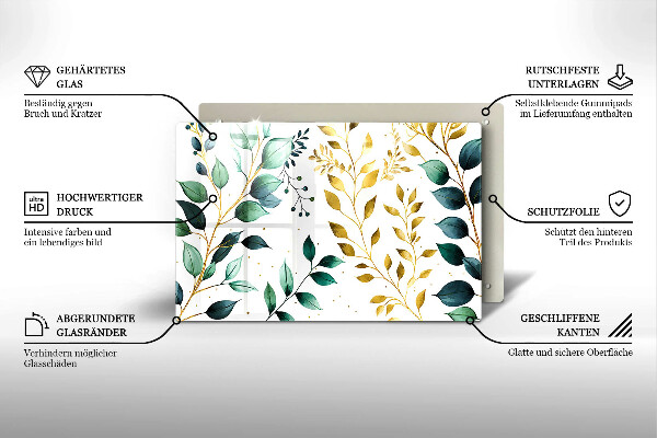 Protetor para fogão de vidro Folhas verdes e douradas