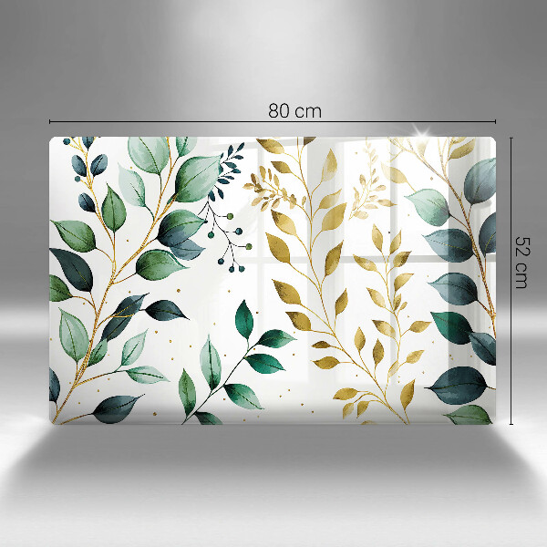 Protetor para fogão de vidro Folhas verdes e douradas