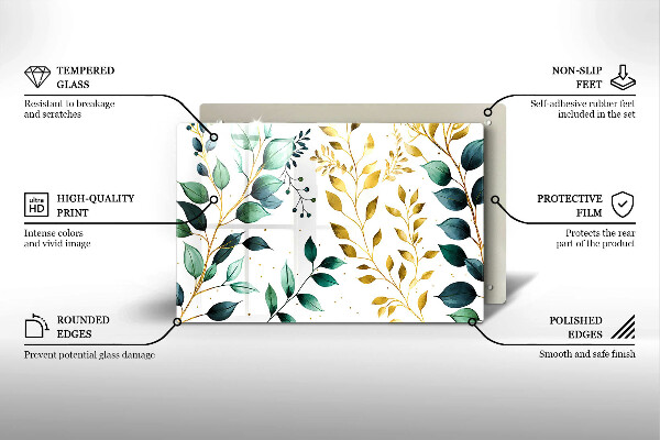 Protetor para fogão de vidro Folhas verdes e douradas