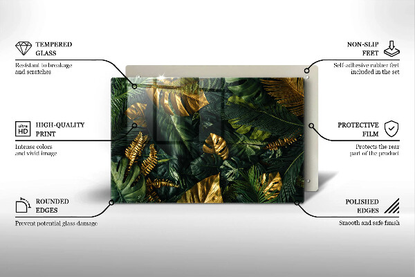 Protetor de fogão de vidro Folhas de Monstera Dourada