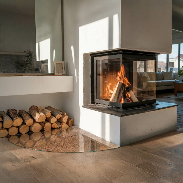 Base de vidro semi-oval para lareira Padrão de madeira natural