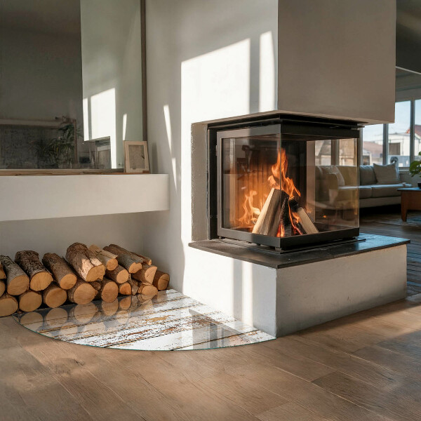 Base de vidro semi-oval para lareira Tábua de madeira danificada