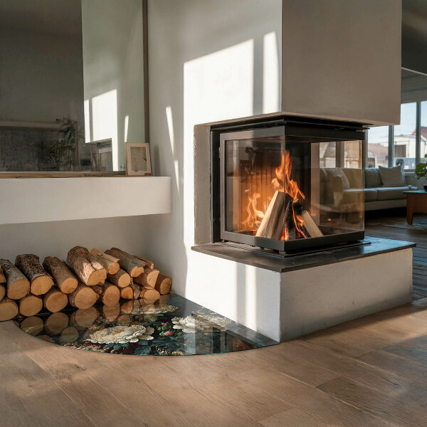 Base de vidro semi-oval para lareira Estampa floral com borboletas