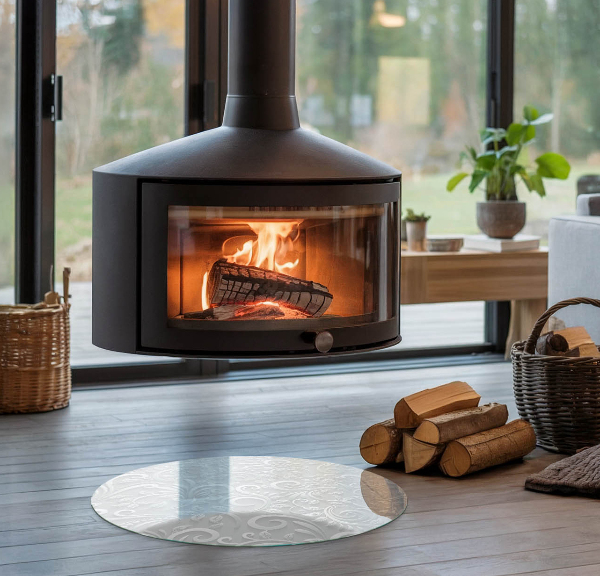 Base de vidro em quarto de círculo para lareira Padrão de planta elegante