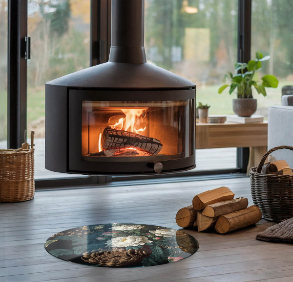 Base de vidro em quarto de círculo para lareira Estampa floral com borboletas