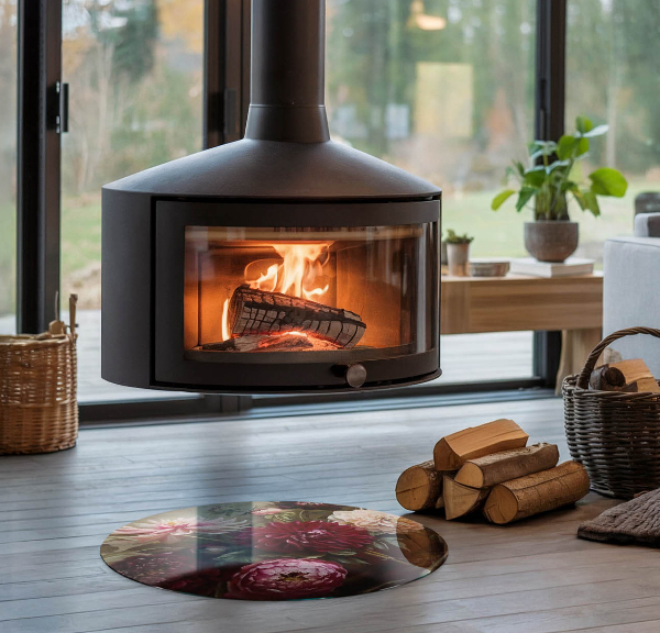 Base de vidro em quarto de círculo para lareira Buquê de flores em detalhe