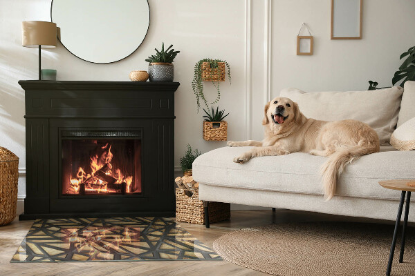 Base de vidro temperado para lareira Geometria com madeira