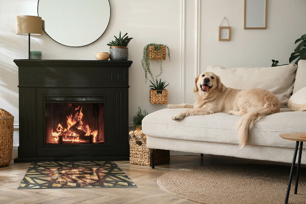 Base de vidro temperado para lareira Geometria com madeira