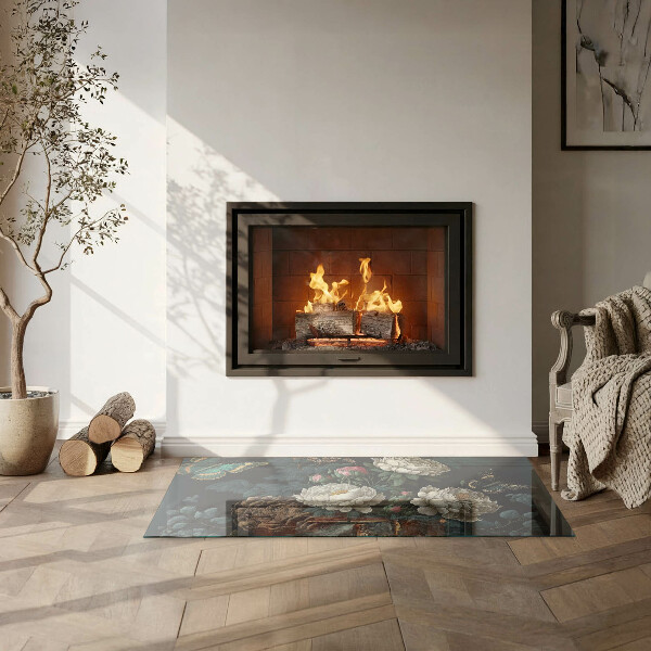 Base de vidro para lareira Estampa floral com borboletas