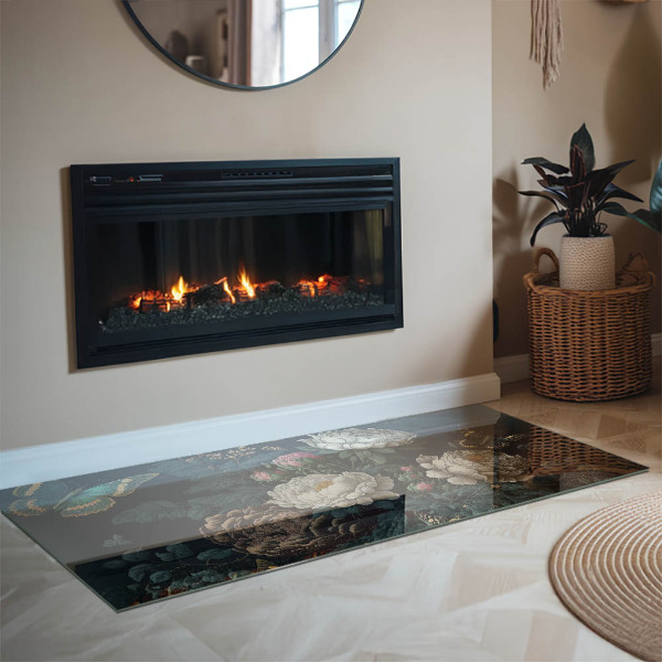 Base de vidro para lareira Estampa floral com borboletas