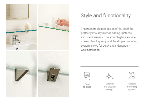 Prateleira de vidro translúcida sob espelho de 70x13 cm
