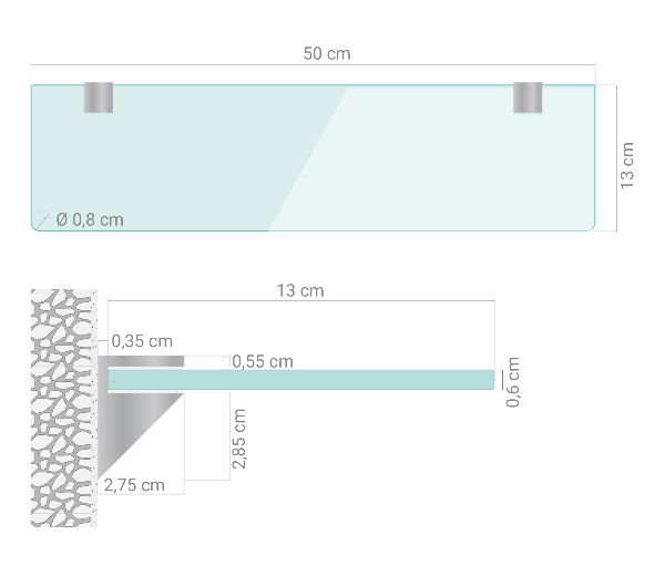 Prateleira de parede em vidro para casa de banho 50x13 cm