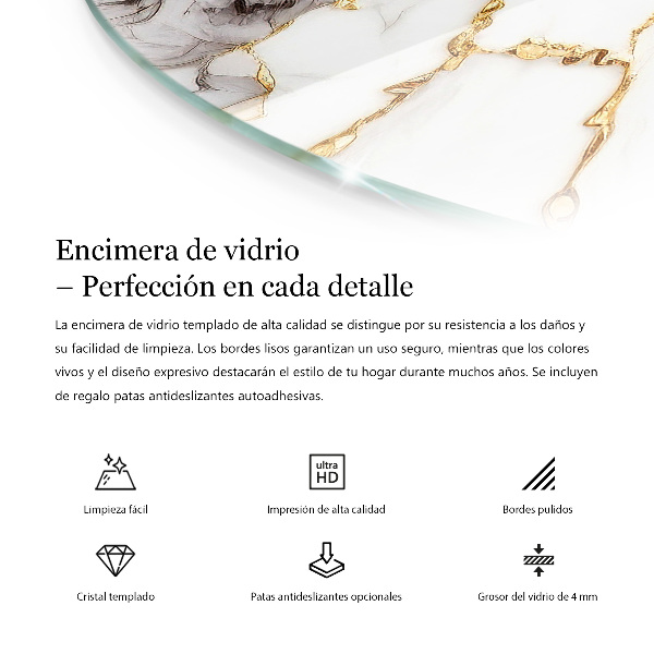 Tampo de vidro redondo com impressão Motivo com estrutura em mármore