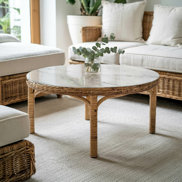 Tampo de vidro redondo com impressão Motivo com estrutura em mármore